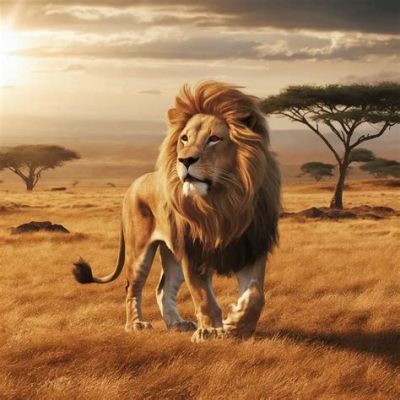  Le Lion! Un roi majestueux au pelage doré qui se promène fièrement dans la savane africaine